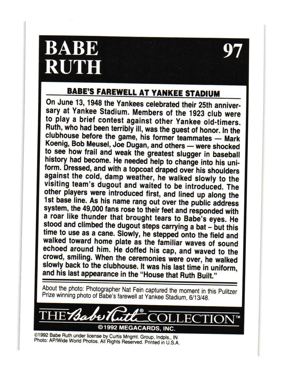 1992 Megacards Babe Ruth 97 Babe S Farewell New York Yankees Trading