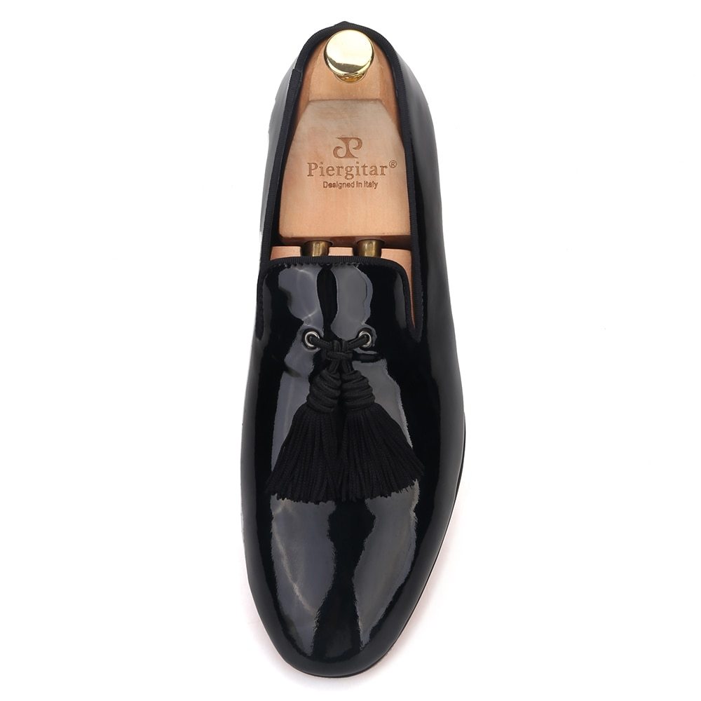 Piergitar Black Patent Leather Men Dress Shoes With Big Tassel Men