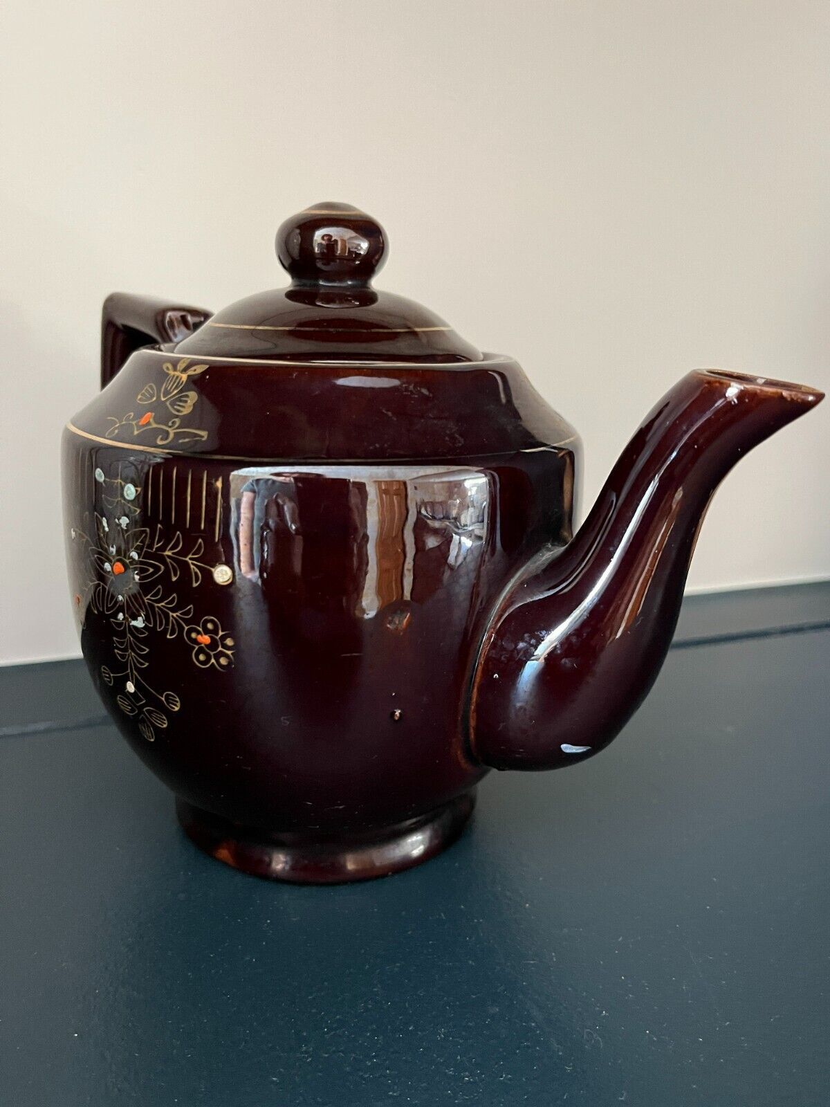 Vintage Brown Betty Redware Teapot Moriage Enamel Hand Painted Made In