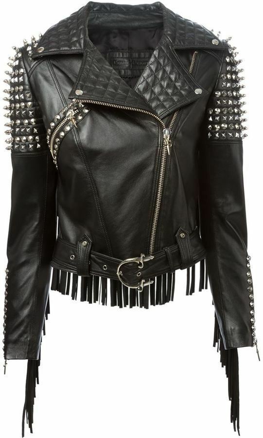 Women S Black Biker Fringed Leather Silver Spike Studded Slim Fit