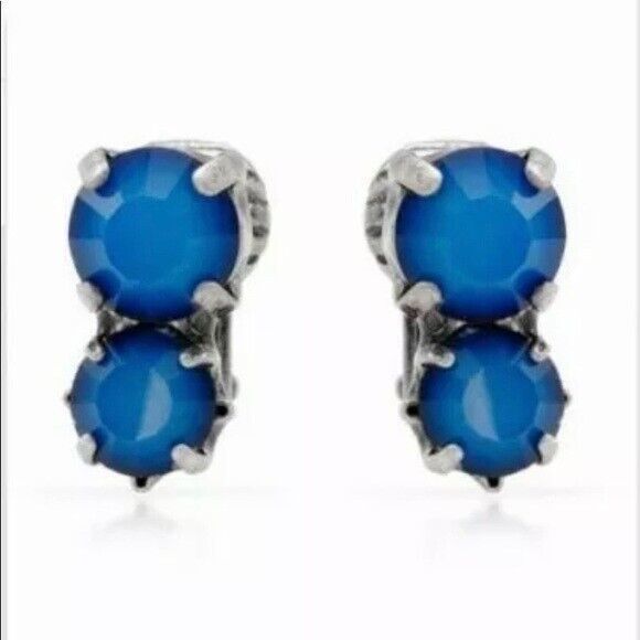 Pilgrim Skanderborg Blue Double Crystal Cluster Clip-on Earrings Silvertone - $12.86
