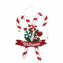 Candy Cane Door Hanger Welcome Sign 24" High Metal Christmas Bells Red White 
