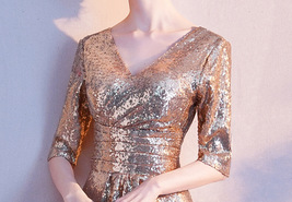 Women Knee Length Black Gold Sequin Dress Sleeved V Neck Sequin Dress Plus Size image 12