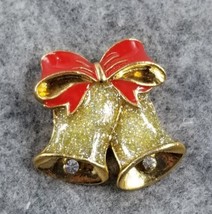 VTG Avon Christmas Glitter Gold Bell Red Bow Clear Rhinestones Enamel Brooch Pin - $9.99