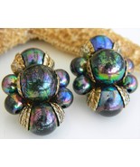 Vintage Faux Carnival Glass Bead Clip Earrings Iridescent Peacock Blue - $18.95