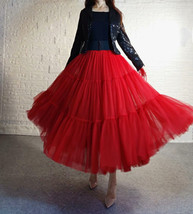 Red Tiered Tulle Skirt Full Long Red Party Skirt High Waisted Holiday Plus Size image 5