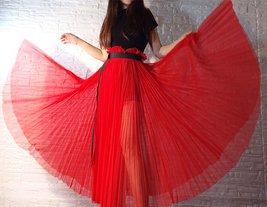 RED Pleated Long Tulle Skirt Outfit Women Red High Waisted Pleated Tulle Skirt  image 7