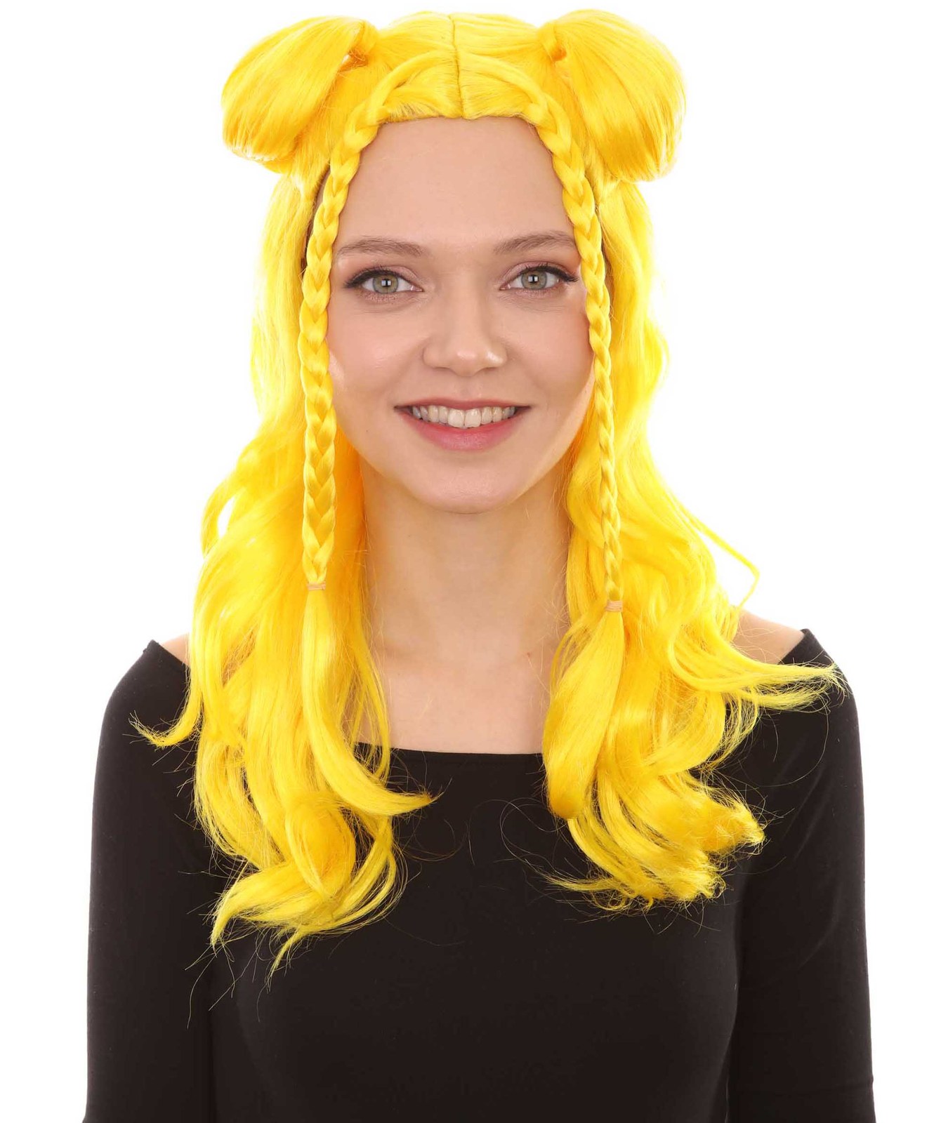 Long Braided Bun Wig, Bright Yellow Halloween Wig HW-1422