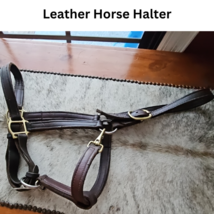Leather Horse size Halter Dark Brown Brass Hardware USED image 1