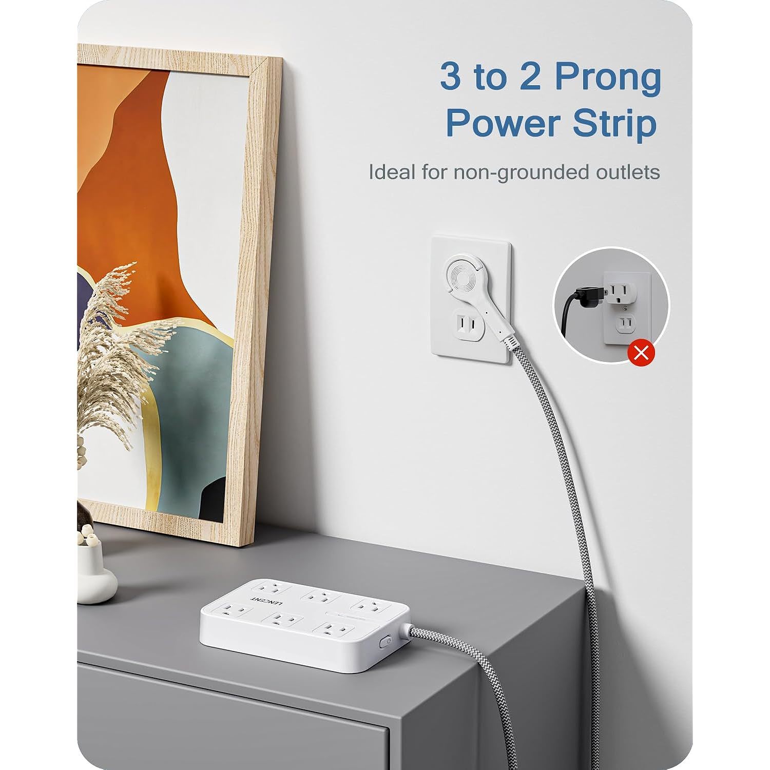 2 Prong Power Strip, 3 To 2 Prong Outlet Adapter, Two Prong Surge