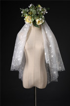 Ivory Shoulder Length Wedding Bridal Veils Layer Floral Lace Tulle Bridal Veils  image 7