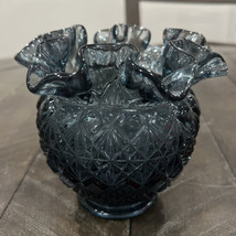 Fenton Diamond Star Pattern Smoke Gray Glass Bowl Vase Ruffled Edge 4.25” T - $46.39