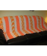 Vtg Handmade Crochet Bright Orange White Afghan Couch Back Blanket Fringe Beauty - $29.69