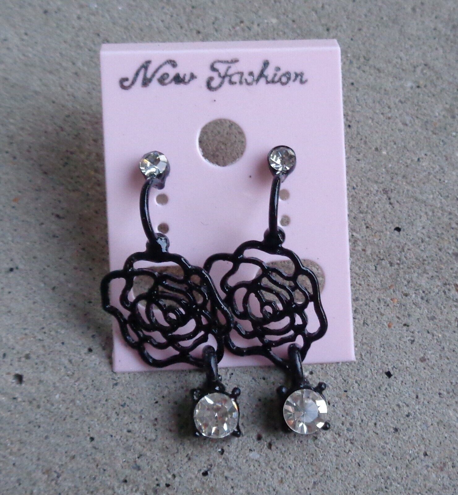 New Black Metal Hollow Rose Rhinestone Drop Dangle Pierced Post Earrings Jewelry - $9.40