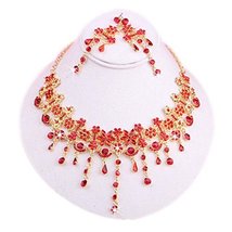 Beautiful Wedding Charm & RED Bead Necklace & Clip-on Earrings Set for Bride