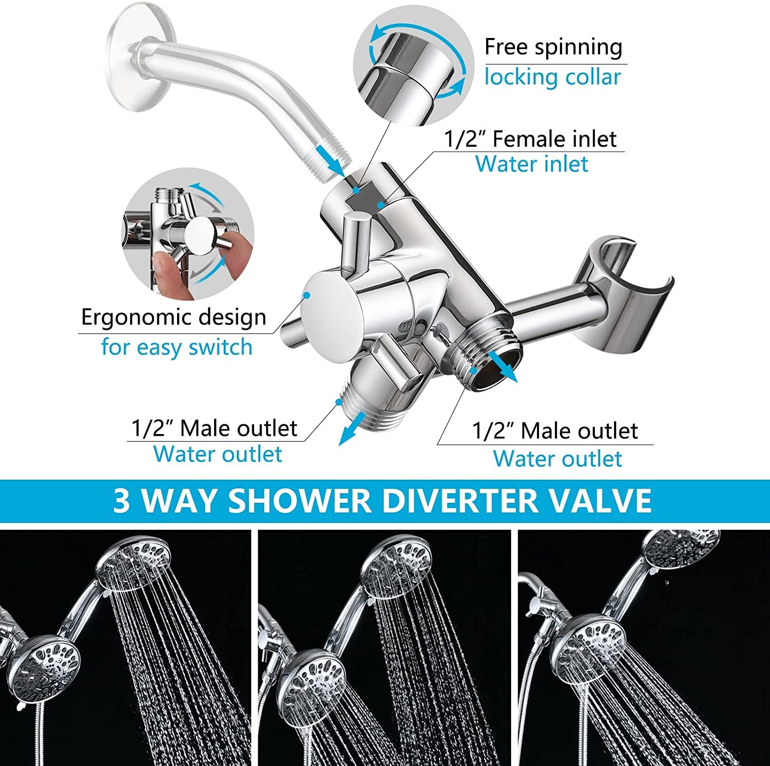 Pdpbath Solid Brass Shower Arm 3 Way Shower Diverter Valve For Hand Held Chrome Showers 7743