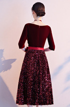 Burgundy Wine Red Half Sleeve Velvet Midi Dress High Waist Bridesmaid Midi Dress image 6