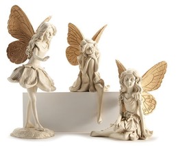 Fairy Figurines Set 3 Large Resin Cream with Gold Wing Accents Mystical 12" High