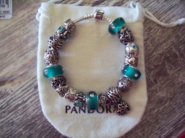 AUTHENTIC PANDORA STERLING SILVER BRACELET 7.5 WITH TEAL EUROPEAN STYLE ... - $105.00