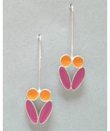 Orange Pink Enamel Silver Earrings Unique Drop Colorful Flower Pierced  - $70.00