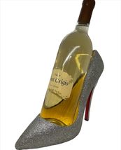 Silver Glitter Wine Bottle Holder Stiletto Shoe Design Poly Stone 8" High image 6
