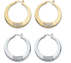 ROUND CRYSTAL SQUARE CLUSTER 2 PAIR HOOP EARRINGS SET GOLD AND SILVER TONE - $85.49