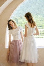 Rose Pink Gray White Tulle Midi Skirt High Waisted Tulle Bridesmaid Midi Skirt