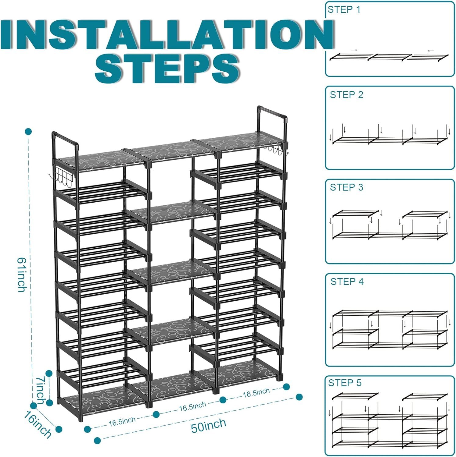 rirpuae 9-tier shoe rack storage organizer, shoe shelf for holds 50