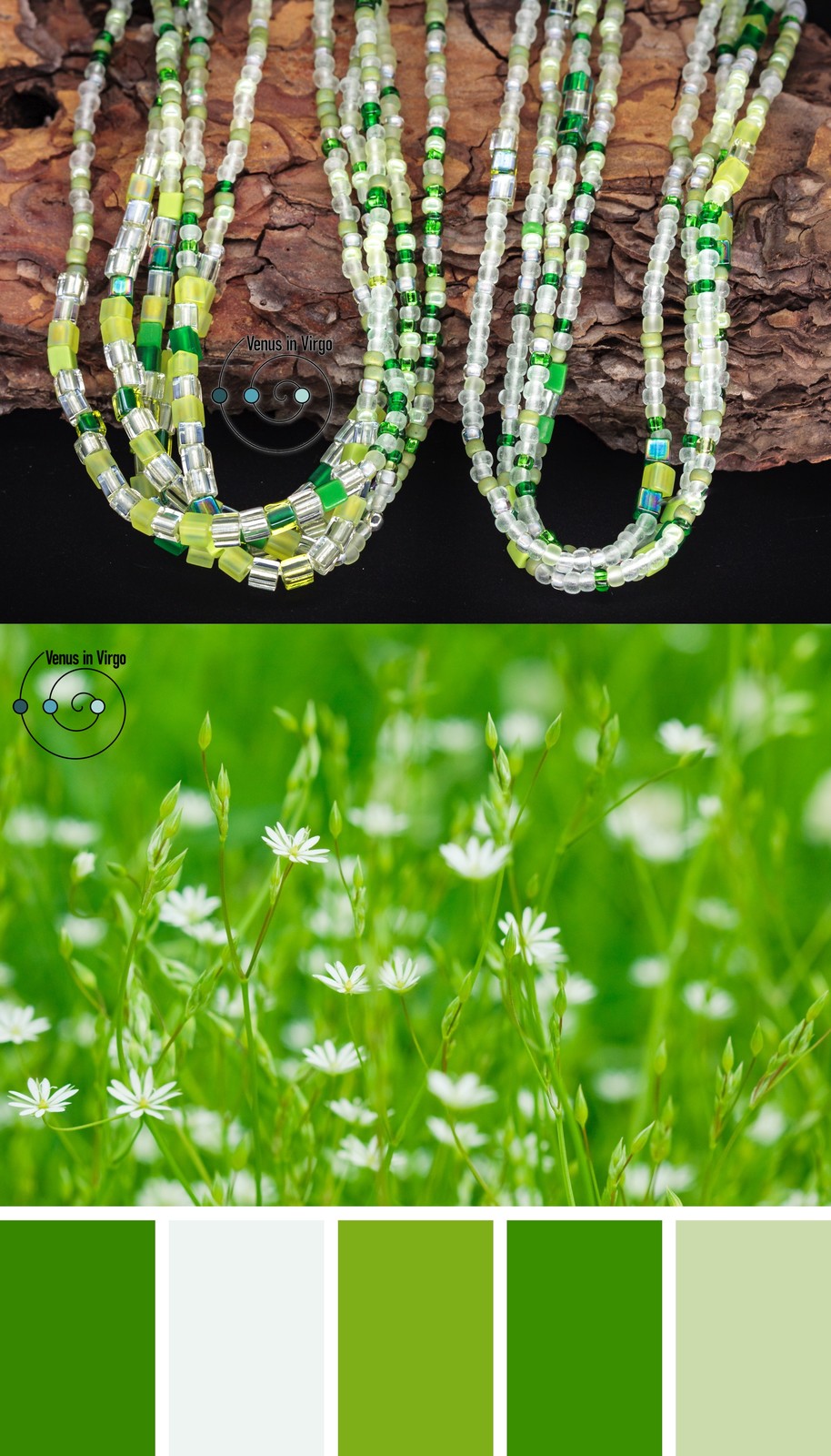 Primary image for extra-long boho friendship bracelets/necklaces, green seed beads, St. Patrick's