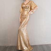 Sexy Golden Bat Sleeve Maxi Long Sequin Dress Plus Size Sequined Cocktail Dress image 2