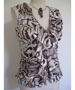 Boston Proper Ruffle Silky Ruched Top 2 XS Animal Print Ivory Brown Butt... - $15.88