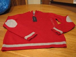Boys L 16/18 youth stripe Tommy Hilfiger sweater long sleeve Red 604 Grey elbow - $18.01