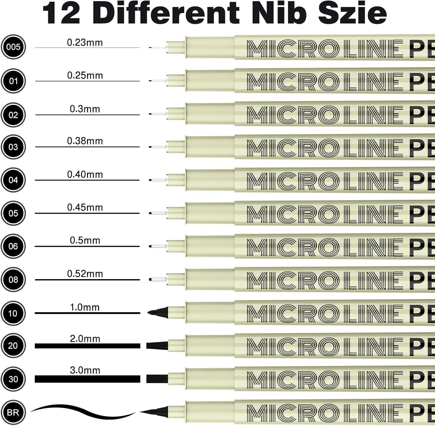 Precision Micro-Line Pens, 12Size Black Micro-Pen Fineliner Ink Pens,  Waterproof