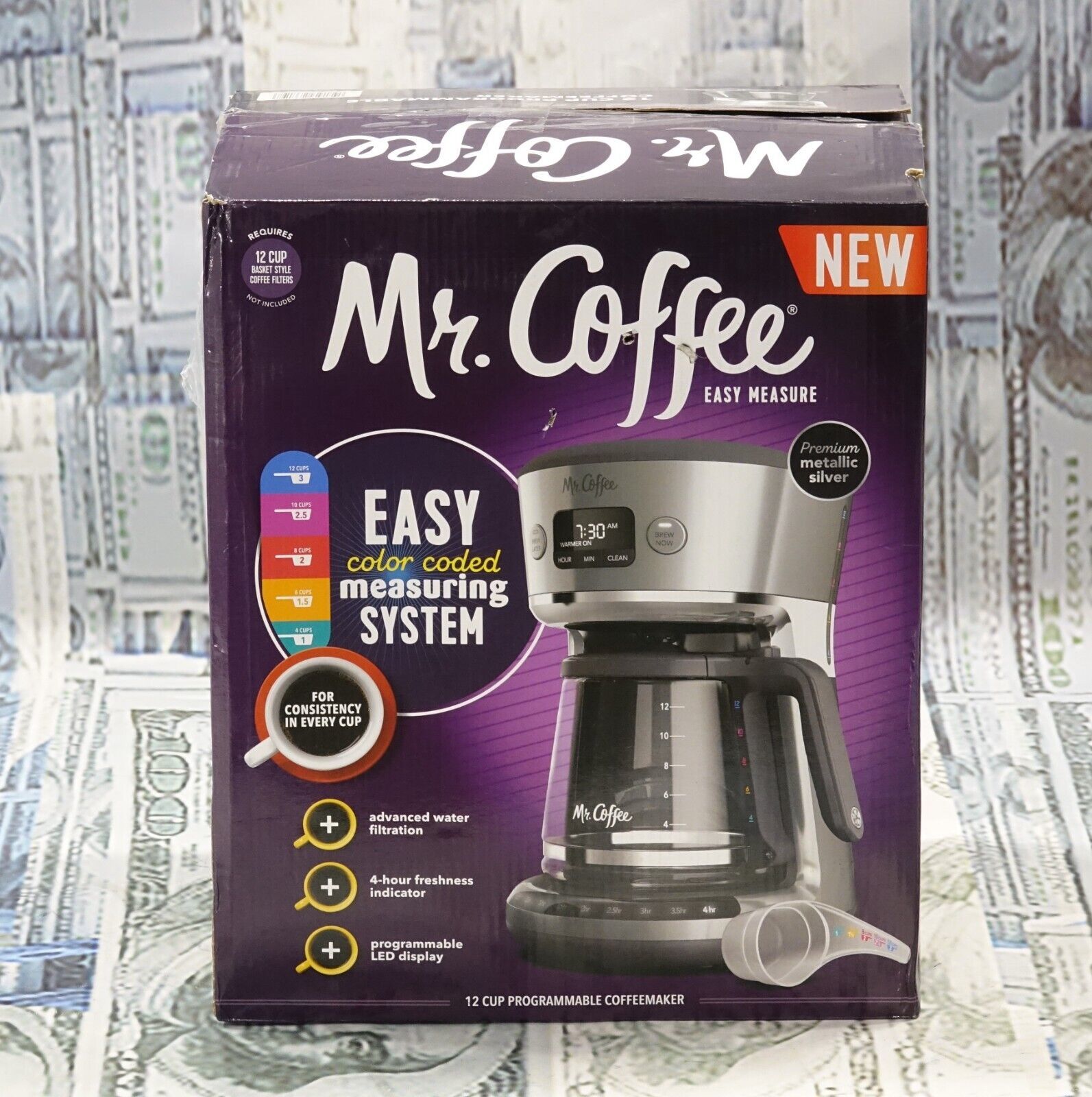 Mr. Coffee Easy Measure 12 Cup Programmable Maker with Gold Tone Reusable  Filter, Silver/Chrome