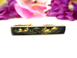 Vintage Damascene TIE CLASP Pagoda Mountains Trees Boats Black Silver&amp; G... - $16.82