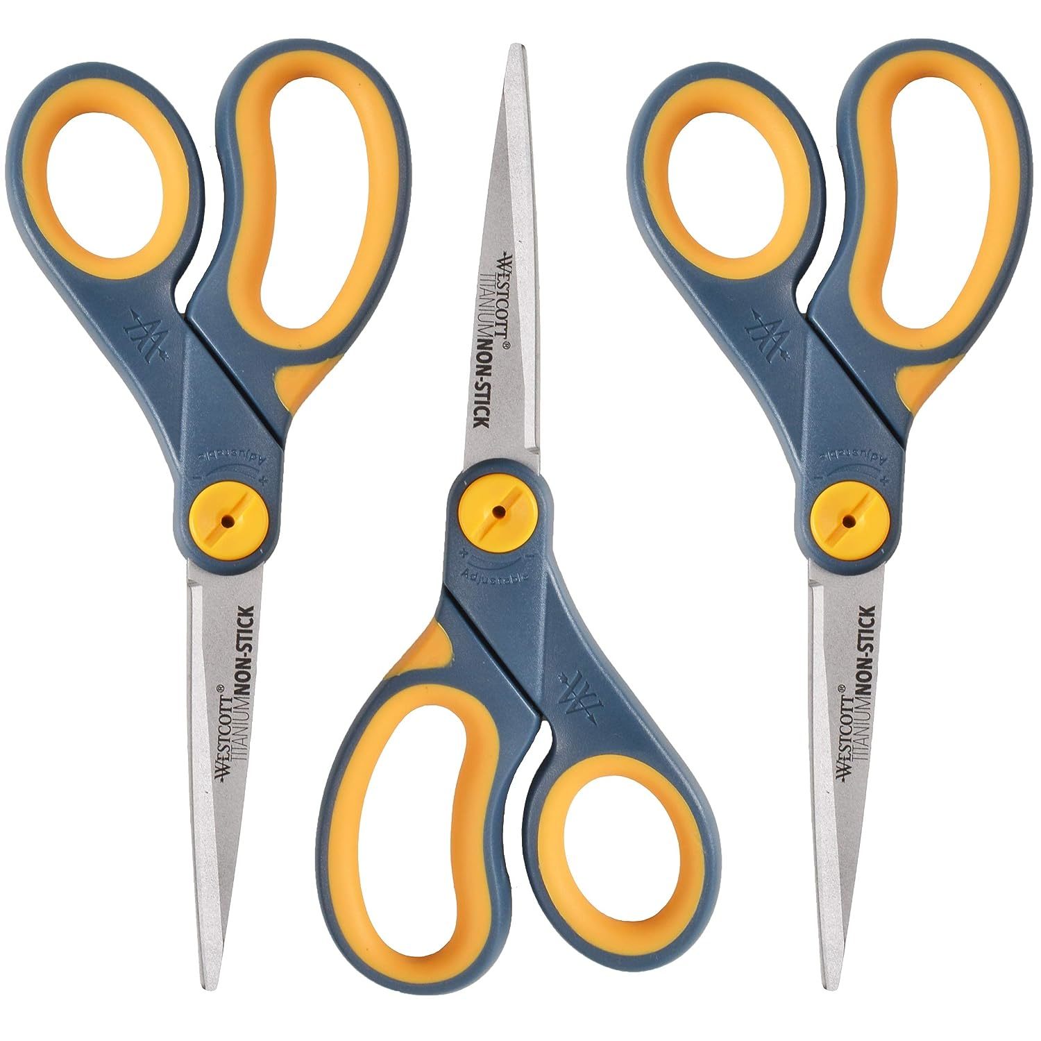 Westcott Non-Stick Titanium Bonded Scissors, 8 Long, 3.25 Cut Length, Gray/Yellow Straight Handles, 3/Pack