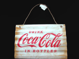 Coca-Cola Corrugated Tin Sign Drink Coca-Cola in Bottles Cream Rope Hanger - $12.62