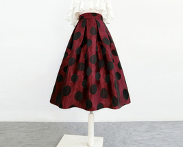 Burgundy Polka Dot Pleated Midi Skirt Women A-line Full Pleated Midi Party Skirt image 3
