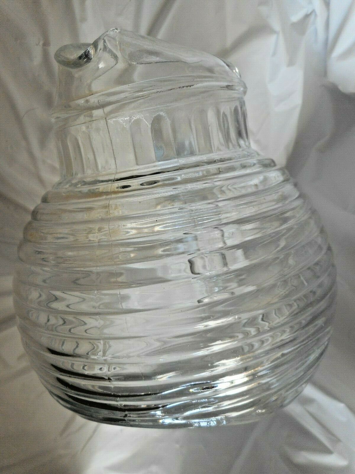 Vintage Ribbed Bee Hive Glass Juice Water Carafe Lid Decanter Anchor  Hocking 9”h