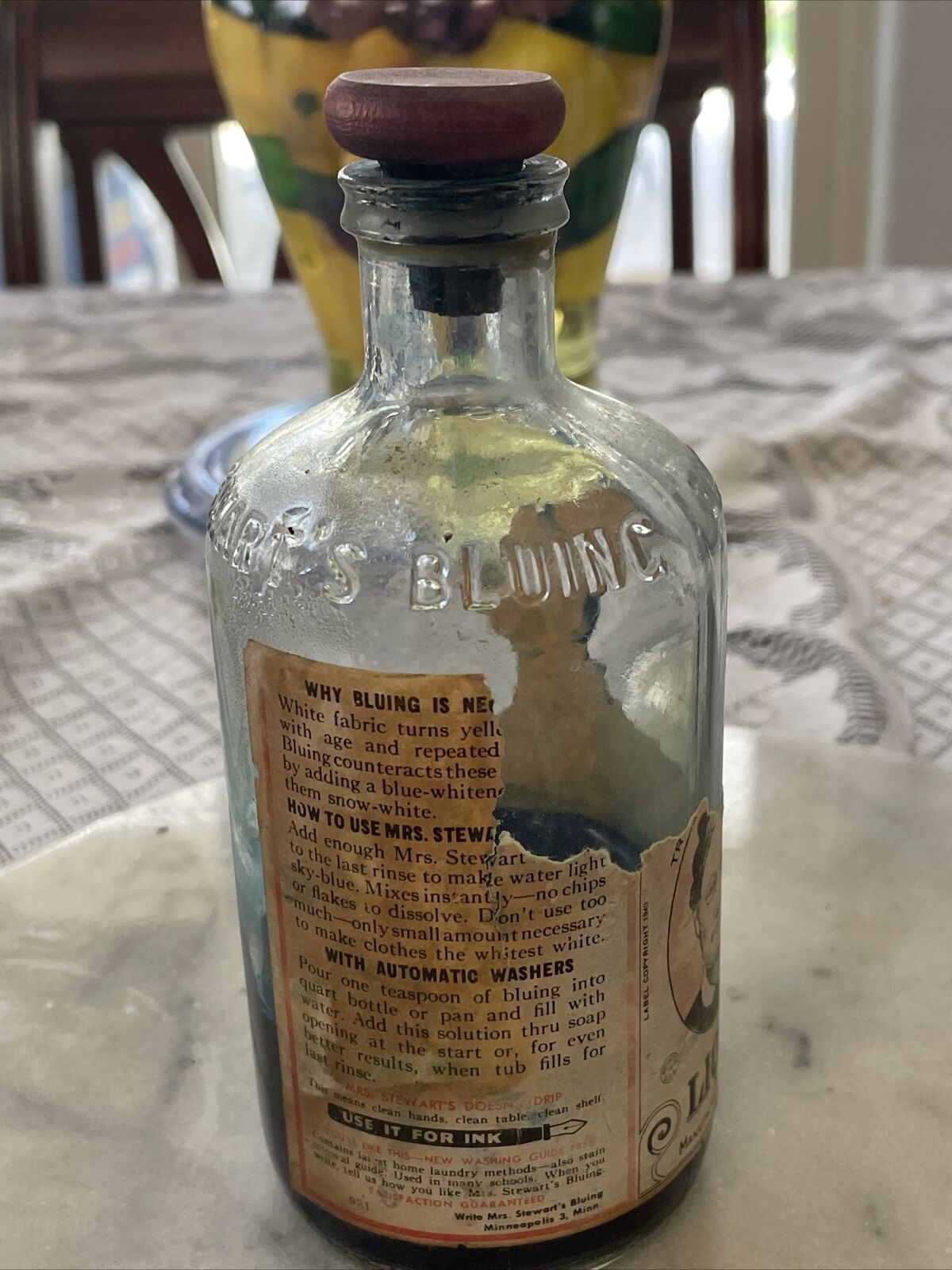 Vintage Mrs Stewarts Liquid Bluing Bottle W Paper Label, Laundry