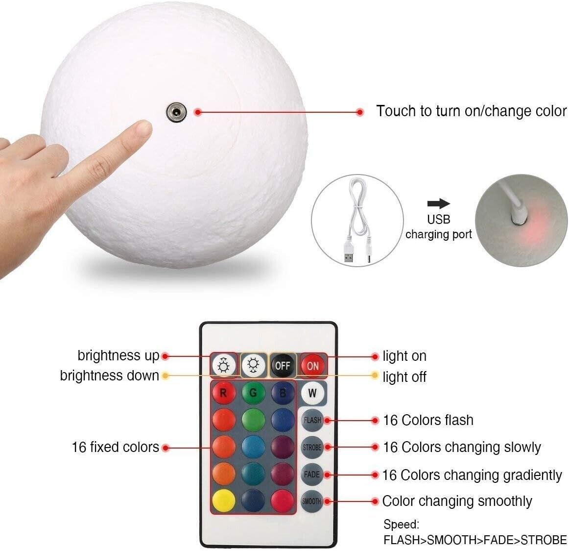 Moon Lamp, 16 Colors LED Night Light 3D Print Moon Light w/ Stand