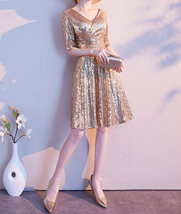Knee Length Gold Sequin Dress Half Sleeve Sequin Gold Dress Wedding Guest Dress image 4