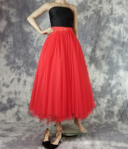 Women Red Long Tulle Skirt High Waist Tulle Skirt with Pockets Tulle Party Skirt image 3