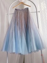 Women Blue Tulle Maxi Skirts Pleated Holiday Tulle Skirts Outfit Wedding Guest