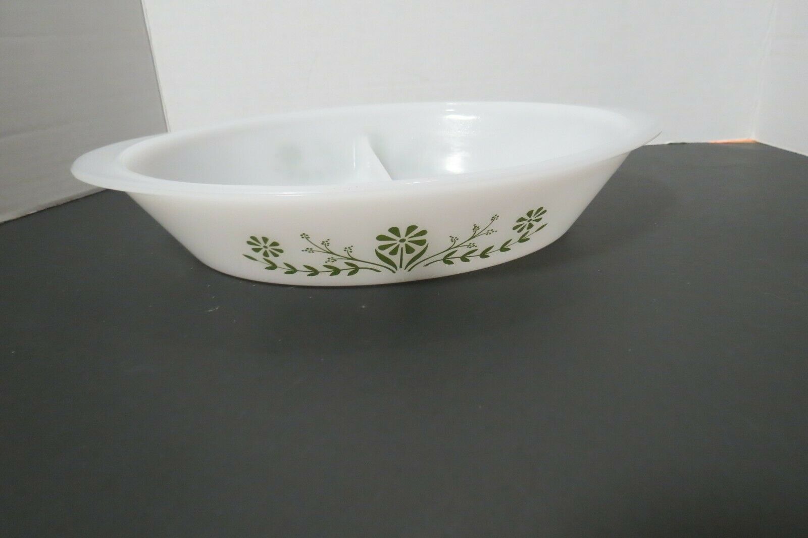 Glasbake Oval Divided Milk Glass Casserole Baking Dish Handles Green Daisy  Design