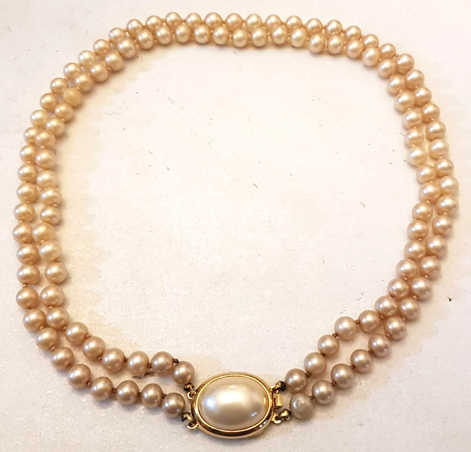Primary image for Crown Trifari VTG Faux Pearl Necklace 6mm Knotted Beads 16" Double Strand Choker