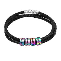 Custom Name Braided Leather String Beaded Bracelet Engraving Bangle - $50.00