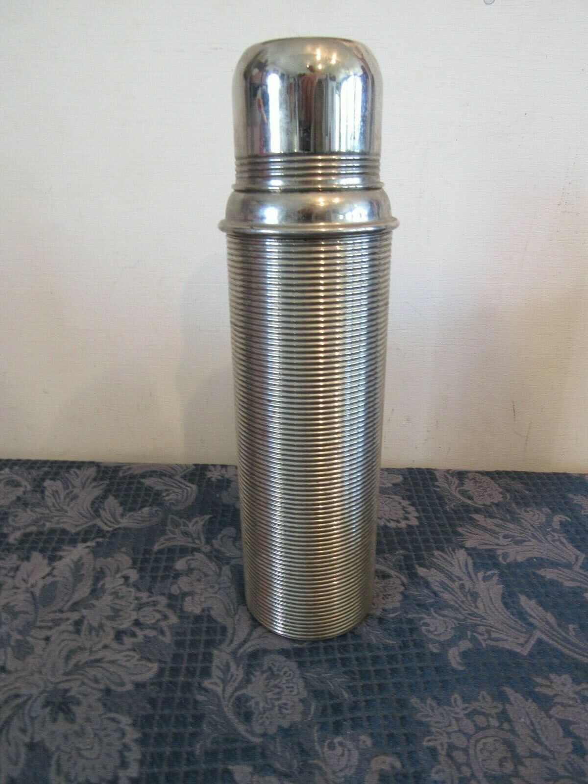 Vintage Thermos 1900's Silver Ribbed w/Orig. Cup & Cork Stopper