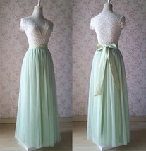 Green Floor-Length Tulle Skirt Outfit Bridesmaid Tulle Maxi Skirt Back-bow