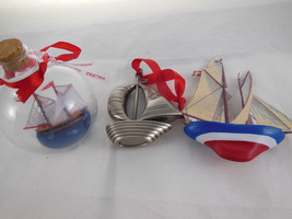 Sail Boat Ship Christmas Ornaments heavy Pewter wood paper and inside glass ball - $22.17